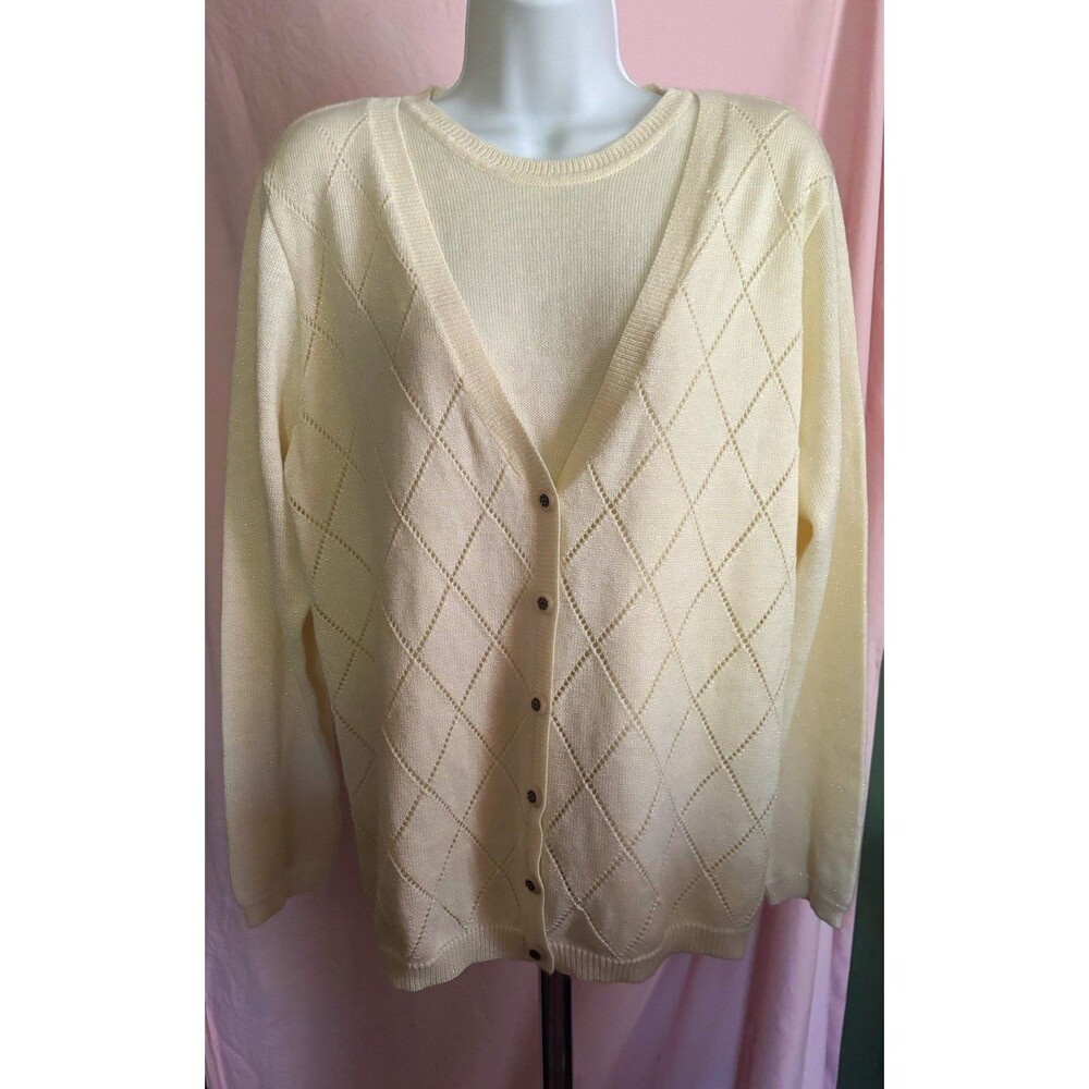 Alfred Dunner Size M Ivory Gold Metallic 2-in-1 Cardigan Sweater 42” Bust